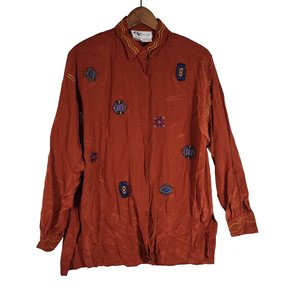 Vintage Gary Fabrikant Ltd Shirt Womens Sz 8 Red 100% Silk Embroidered Grandma